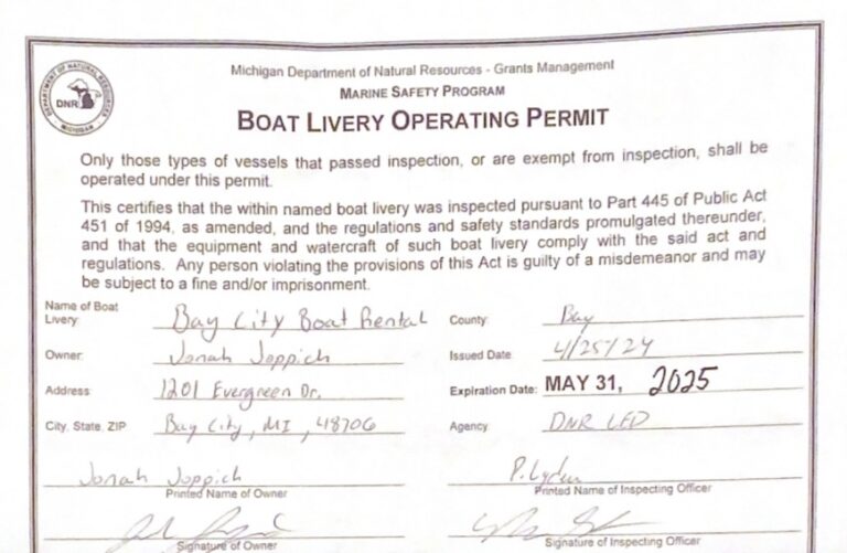 Boat Livery Operating Permit for Bay City Boat Rental