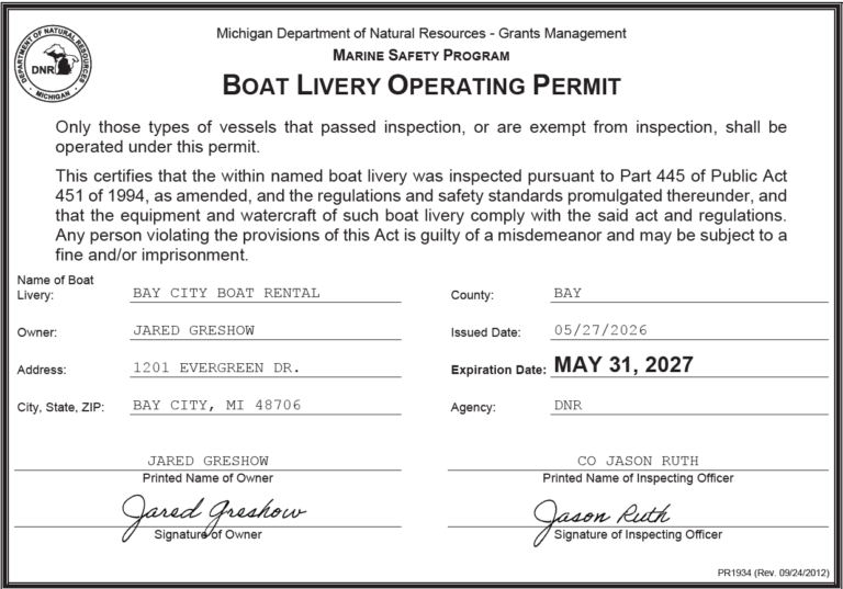 Boat Livery Operating Permit - Granted to Bay City Boat Rental by the Michigan Department of Natural Resources